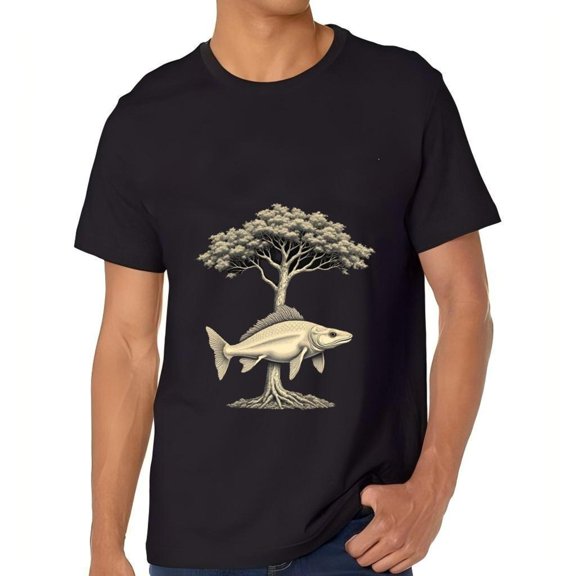 Men's Cotton Short Sleeve T-Shirt with Artistic Tree and Fish Illustration - Vintage Monochrome Design Tee