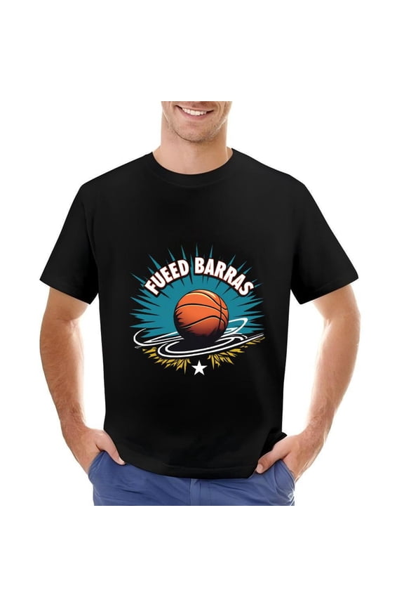 Men's Cotton Short Sleeve T-Shirt with Basketball Graphic ' FUEED BARRAS ' Text Blue & Yellow Burst Design Energetic Sports Tee