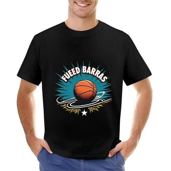 Men's Cotton Short Sleeve T-Shirt with Basketball Graphic ' FUEED BARRAS ' Text Blue & Yellow Burst Design Energetic Sports Tee
