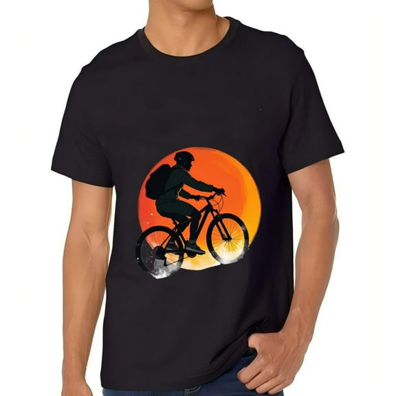 Men's Cotton Short Sleeve T-Shirt with Bicycle Design - Vibrant Orange and Yellow Background Perfect for Outdoor Enthusiasts