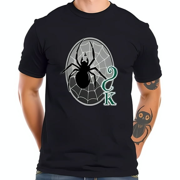 Men's Cotton Short Sleeve T-Shirt with Bold Black Spider Graphic in Gray Spiderweb Design Gothic Style