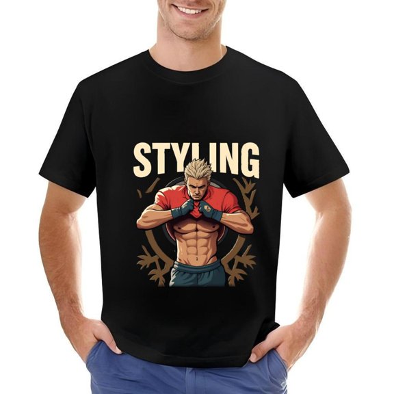 Men's Cotton Short Sleeve T-Shirt with Bold Boxing Graphic and Pattern Design - Stylish Fight Ready Tee