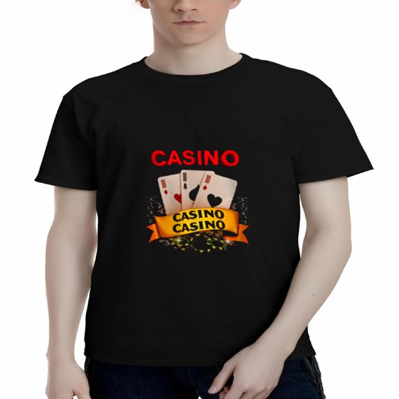 Men's Cotton Short Sleeve T-Shirt with Bold ' CASINO ' Graphic Playing Cards & Golden Design - Stylish Tee Top