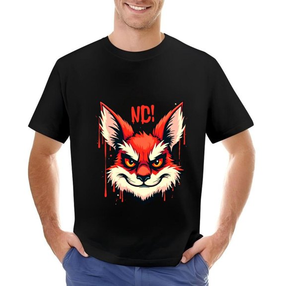 Men's Cotton Short Sleeve T-Shirt with Bold Fox Face Graphic Dripping Effect & ' NC ' Text - Eye-Catching Red & White Design