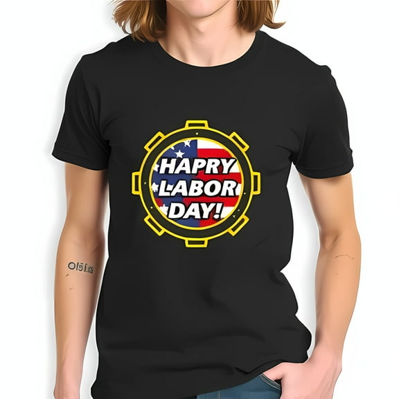 Men's Cotton Short Sleeve T-Shirt with Bold Gear " HAPPY LABOR DAY " Graphic Design