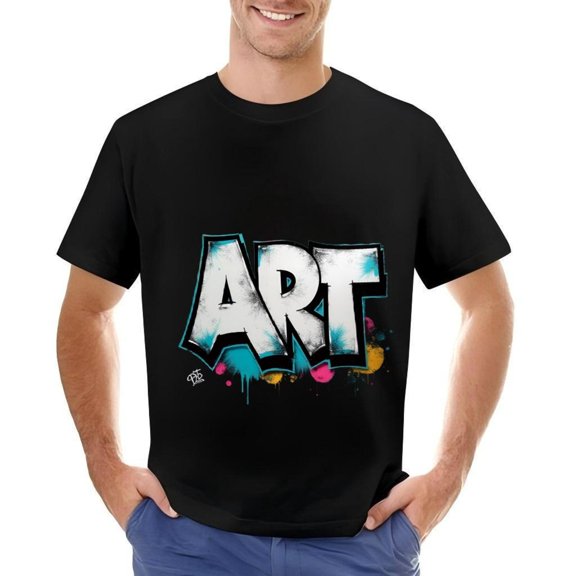 Men's Cotton Short Sleeve T-Shirt with Bold Graffiti ' ART ' Design in White & Blue Vibrant Color Splashes