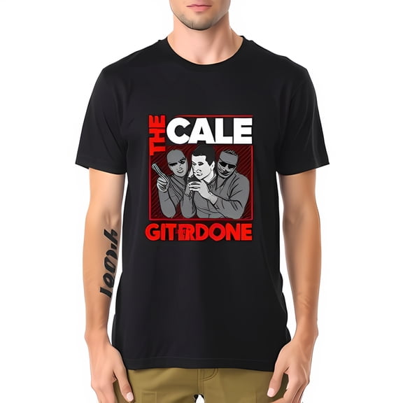 Men's Cotton Short Sleeve T-Shirt with Bold Graphic Design - " THE CALE GIT ER DONE " in Red & White with Playful Silhouettes