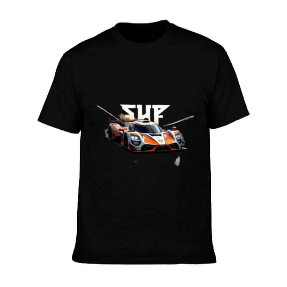 Men's Cotton Short Sleeve T-Shirt with Bold Graphic and Sleek Orange & White Racing Car Design on Dark Background