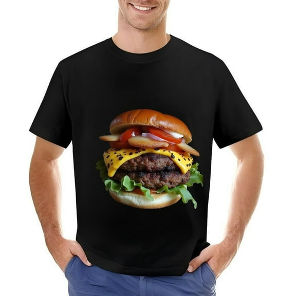 Men's Cotton Short Sleeve T-Shirt with Bold Hamburger Graphic Print - Fun Foodie Design Perfect for Casual Wear