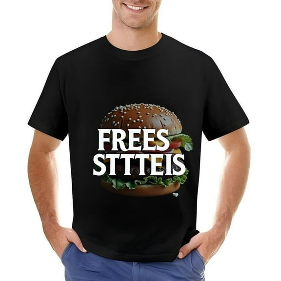 Men's Cotton Short Sleeve T-Shirt with Bold Hamburger Graphic and ' FRES STTEEIS ' Text - Casual Foodie Tee
