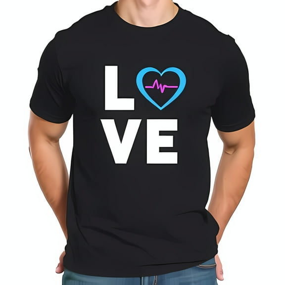 Men's Cotton Short Sleeve T-Shirt with Bold 'LOVE' Graphic Heart & Heartbeat Design Casual Wear