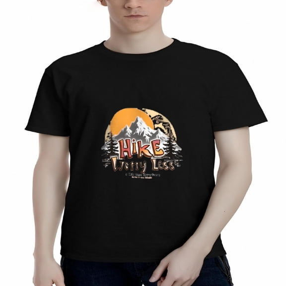 Men's Cotton Short Sleeve T-Shirt with Bold Mountain Range Graphic Orange Sun Pine Trees and ' Hike Party Time ' Design