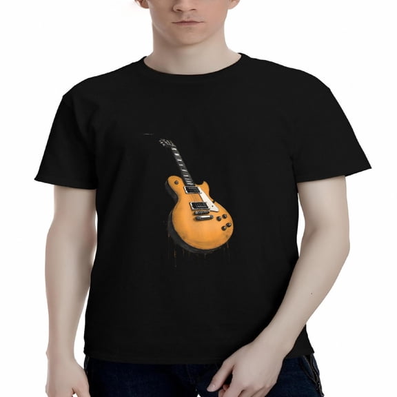 Men's Cotton Short Sleeve T-Shirt with Bold Orange Electric Guitar Graphic - Stylish Tee for Music Lovers