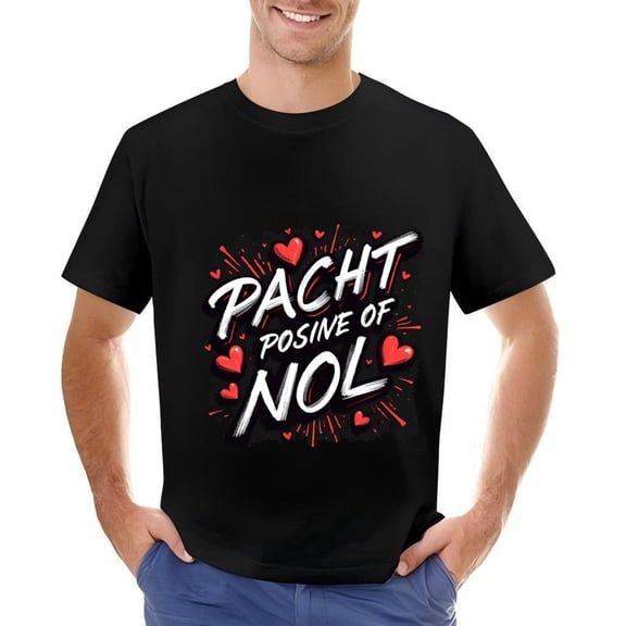 Men's Cotton Short Sleeve T-Shirt with Bold " PACHT POSINE OF NOL " Design Surrounded by Red and White Hearts - Playful Graphic Tee