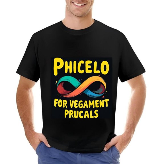 Men's Cotton Short Sleeve T-Shirt with Bold ' PHICELO FOR VEGAMENT PRUCALS ' Text and Colorful Symbol Design