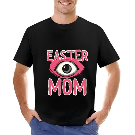 Men's Cotton Short Sleeve T-Shirt with Bold Pink ' EASTER ' and ' MOM ' Text Stylized Watchful Eye Design
