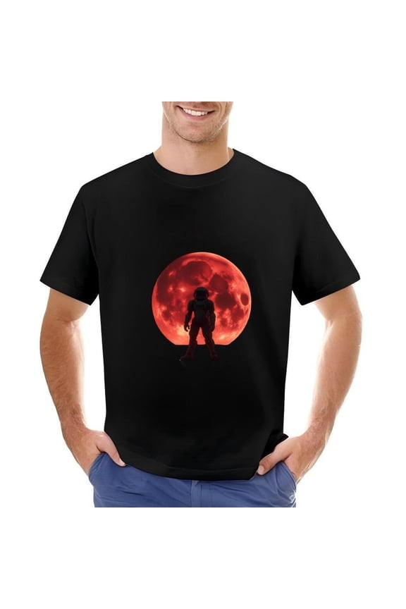 Men's Cotton Short Sleeve T-Shirt with Bold Red Moon and Design - Space Themed Graphic Tee