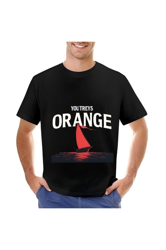 Men's Cotton Short Sleeve T-Shirt with Bold Red Sailboat Graphic and " YOU TREYS ORANGE " Text - Stylish Casual Wear