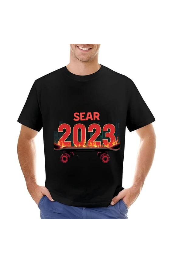 Men's Cotton Short Sleeve T-Shirt with Bold ' SEAR ' Graphic and 2023 Flame Design Skateboard Motif