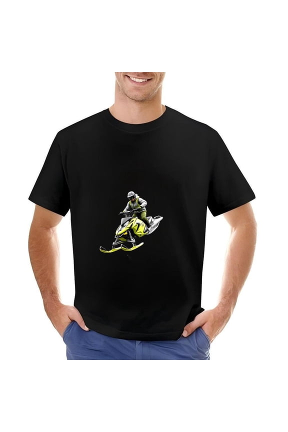 Men's Cotton Short Sleeve T-Shirt with Bold Snowmobile Graphic - Yellow Snowmobile & Rider Design on Black Background