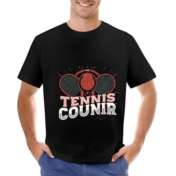 Men's Cotton Short Sleeve T-Shirt with Bold Tennis Racket Graphic & Circular Pattern Design - " TENNIS COUNIR " in White & Red