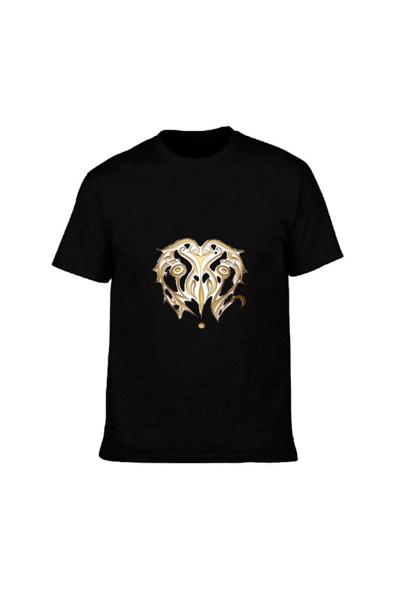 Men's Cotton Short Sleeve T-Shirt with Bold White & Gold Tribal Abstract Animal Head Design on Black Background