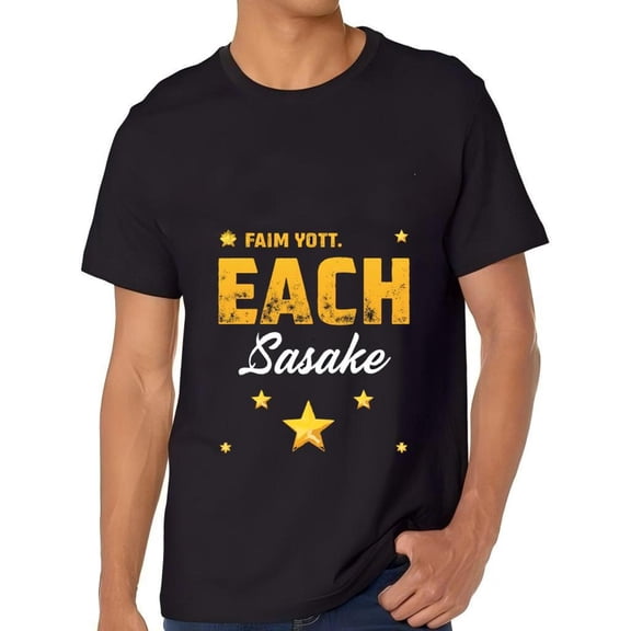 Men's Cotton Short Sleeve T-Shirt with Bold Yellow ' FAIM VOTT EACH Sasake ' Design and Star Accents