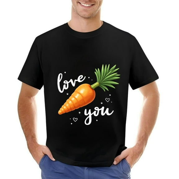 Men's Cotton Short Sleeve T-Shirt with Cartoon Carrot Design ' Love You ' Text & Heart Accents Fun Casual Tee
