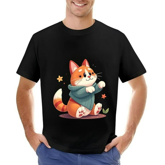 Men's Cotton Short Sleeve T-Shirt with Cartoon Cat Design Fluffy Tail & Pattern Stylish Casual Tee