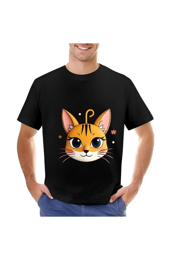 Men's Cotton Short Sleeve T-Shirt with Cartoon Cat Face Design Expressive Eyes