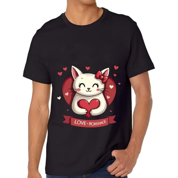 Men's Cotton Short Sleeve T-Shirt with Cartoon Cat Holding Heart Cheerful Design Love & Romance Theme Black Background