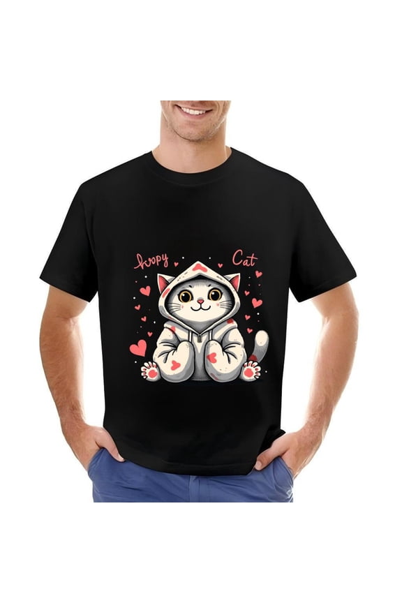Men's Cotton Short Sleeve T-Shirt with Cartoon Cat in Heart Pattern Design - Cute Happy Cat Graphic Tee