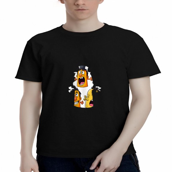 Men's Cotton Short Sleeve T-Shirt with Cartoon Character Design - Orange Body Surprised Expression Black Hat Fun Bubble Pattern