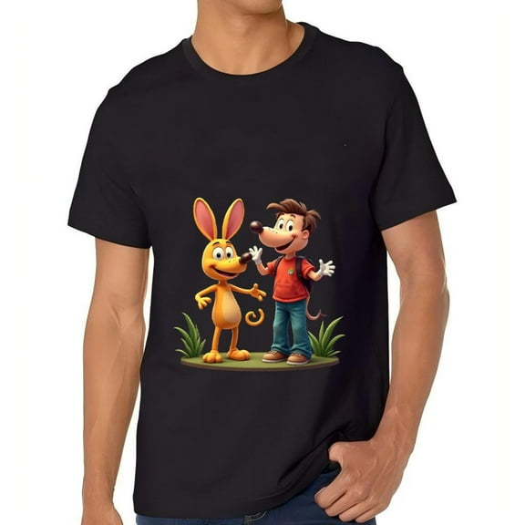 Men's Cotton Short Sleeve T-Shirt with Cartoon Character Print - Fun Rabbit and Humanoid Design Casual Tee Top for Everyday Wear