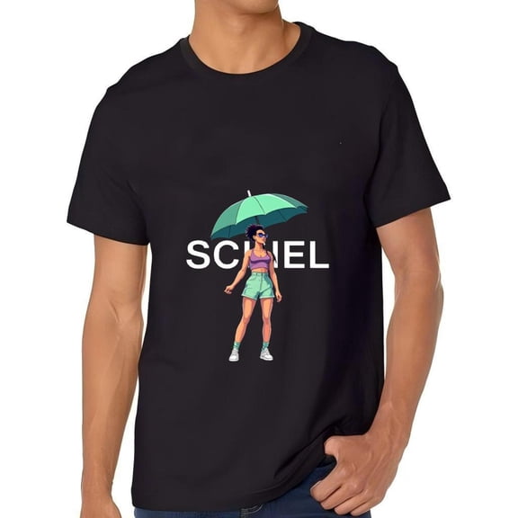 Men's Cotton Short Sleeve T-Shirt with Cartoon Character Under Umbrella Purple Top & Green Shorts Bold ' SCHNE ' Design