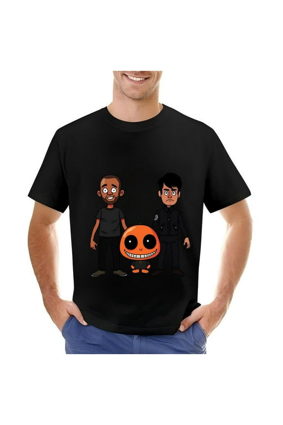Men's Cotton Short Sleeve T-Shirt with Cartoon Characters: Two Dark - Clad Figures & a Smiling Orange Character Design