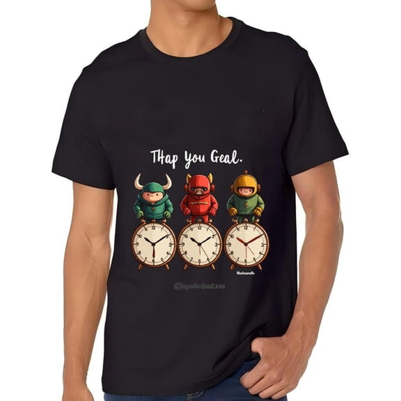 Men's Cotton Short Sleeve T-Shirt with Cartoon Characters on Clocks - Colorful Green Red Yellow Design - " Thap You Gael " Graphic Tee