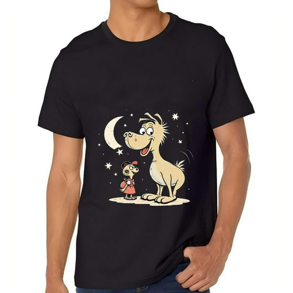 Men's Cotton Short Sleeve T-Shirt with Cartoon Dog and Small Animal Under Design Starry Night Pattern Tee