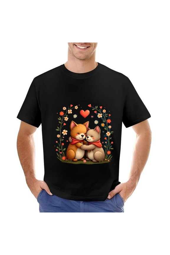 Men's Cotton Short Sleeve T-Shirt with Cartoon Dogs Embracing Heart & Flower Pattern Cute and Affectionate Design