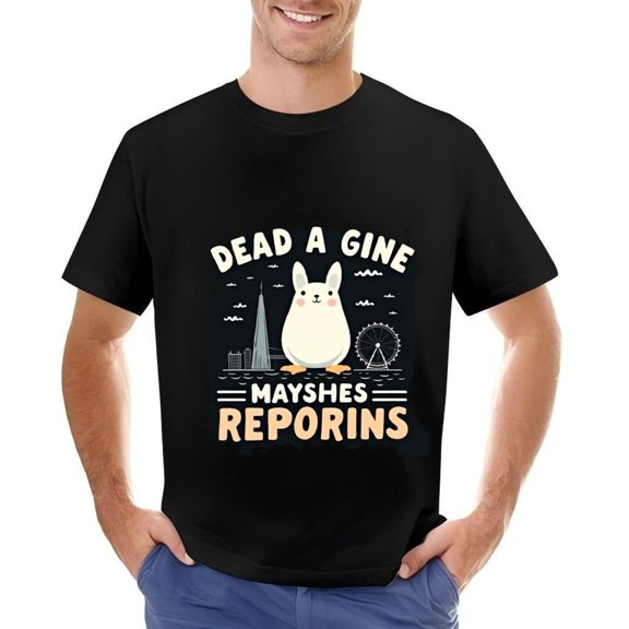 Men's Cotton Short Sleeve T-Shirt with Cartoon Rabbit on Water Ferris Wheel & Skyscrapers Design - Unique Graphic Tee