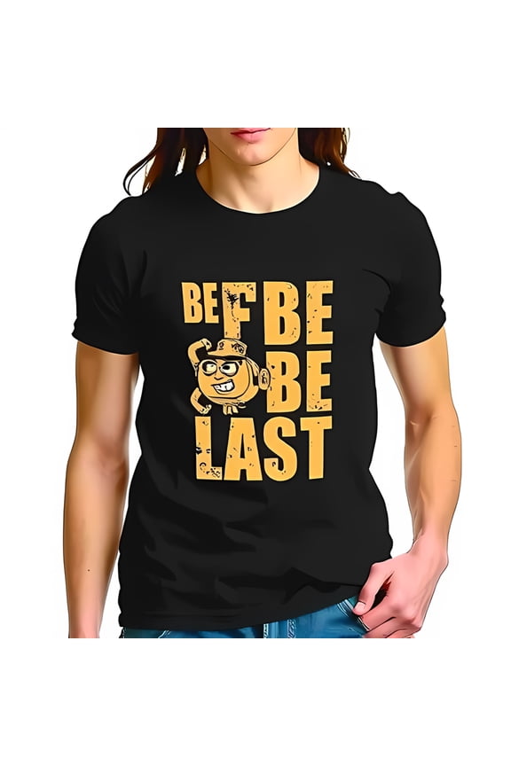 Men's Cotton Short Sleeve T-Shirt with Cartoon Robot Graphic & Bold 'BE F BE BE LAST' Text