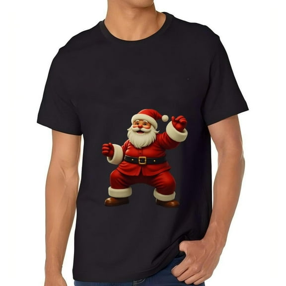 Men's Cotton Short Sleeve T-Shirt with Cartoon Santa Claus Dancing Design - Fun Holiday Tee Top for Christmas Celebrations