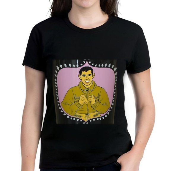 Men's Cotton Short Sleeve T-Shirt with Cartoon Smiling Man in Yellow on Pink Background Fun Graphic Tee with Decorative Elements