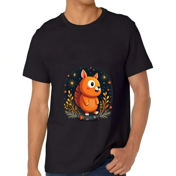Men's Cotton Short Sleeve T-Shirt with Cartoon Squirrel Design Surrounded by Autumn Leaves and Stars - Cozy Fall Vibes Tee