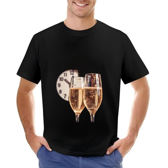 Men's Cotton Short Sleeve T-Shirt with Celebration Graphic - Champagne Glasses & 10:10 Clock Design for Festive Occasions