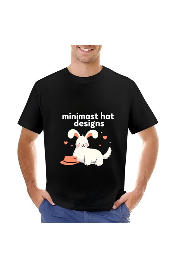 Men's Cotton Short Sleeve T-Shirt with Cheerful Cartoon Rabbit Holding a Hat and Heart Accents - Minimalist Hat Designs