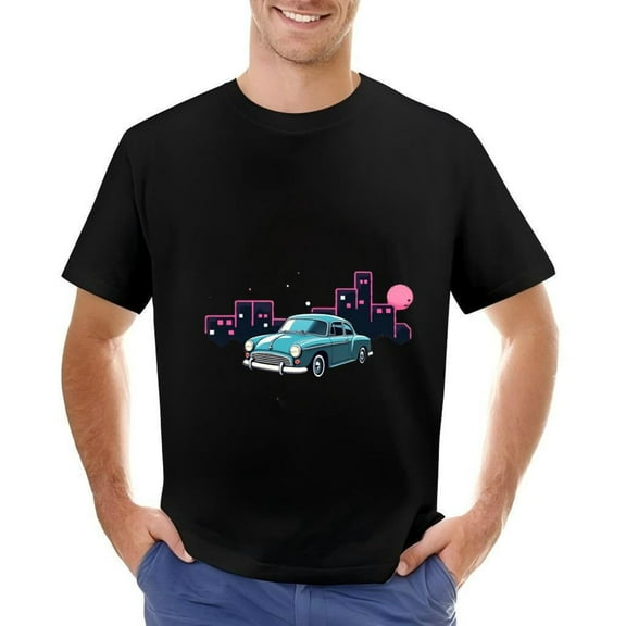 Men's Cotton Short Sleeve T-Shirt with Classic Blue Car and Stylized Night Cityscape Design Pink Moon & White