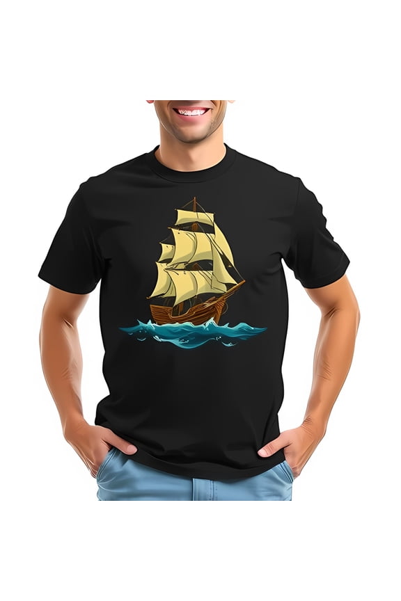 Men's Cotton Short Sleeve T-Shirt with Classic Sailing Ship Graphic on Ocean Waves - Design