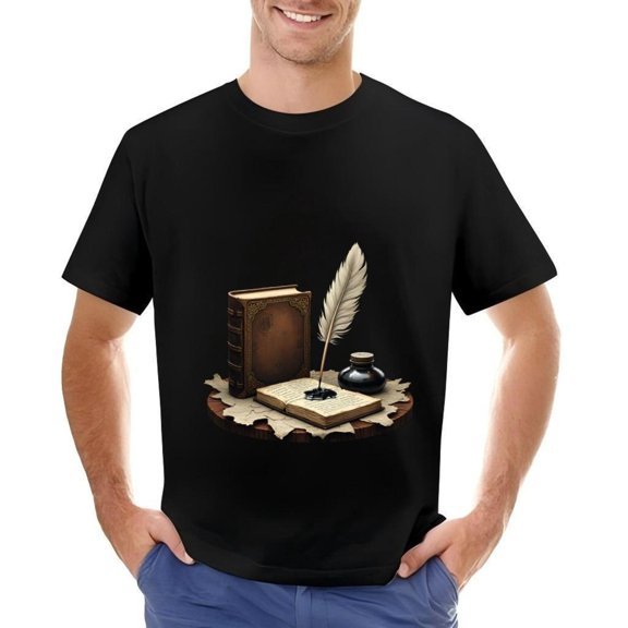 Men's Cotton Short Sleeve T-Shirt with Classic Writing Setup Design - Open Book Quill Ink Bottle & Bound Book Illustration
