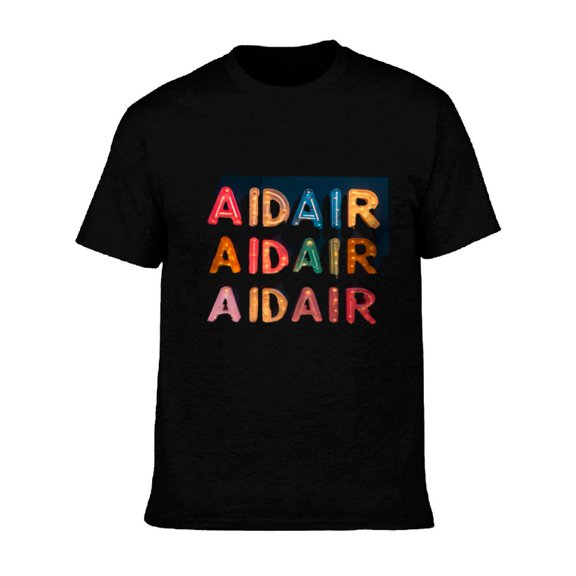 Men's Cotton Short Sleeve T-Shirt with Colorful ' AIDAIR ' Text Design - Vibrant Gradient Pattern in Blue Green Orange and Pink